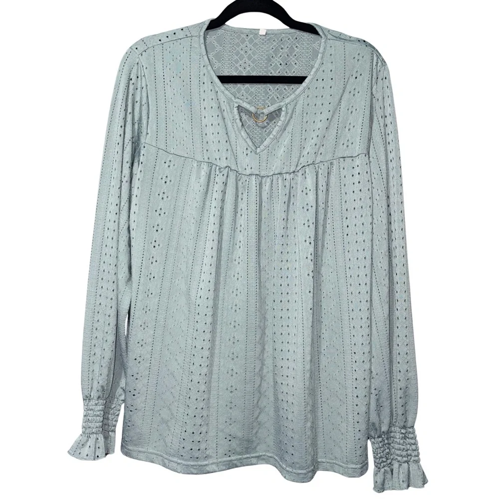 Mint Sage Green Relaxed Smocked Eyelet Blouse with Long Sleeves - Picture 1 of 5